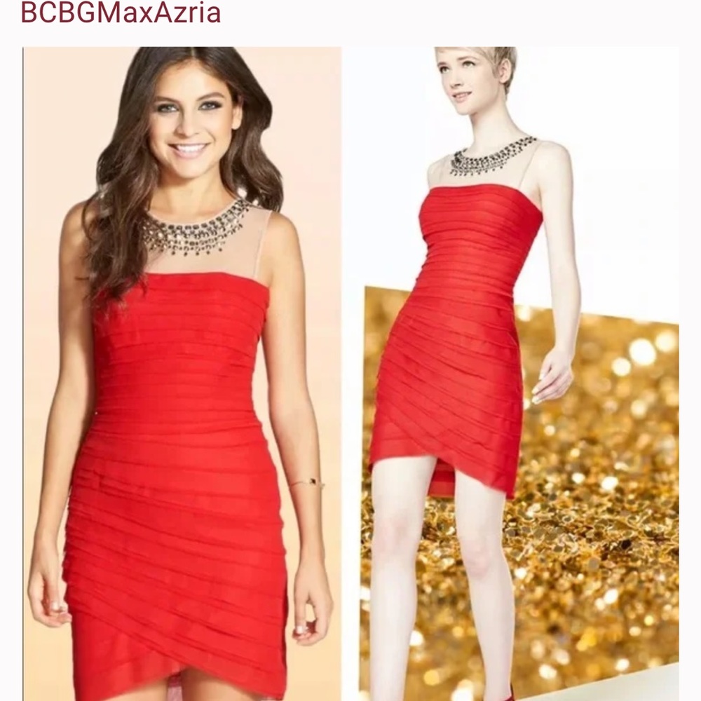 BCBGMAXAZRIA MAIA ROUGE RED COCKTAIL PROM PINTUCK GEORGETTE DRESS size 4